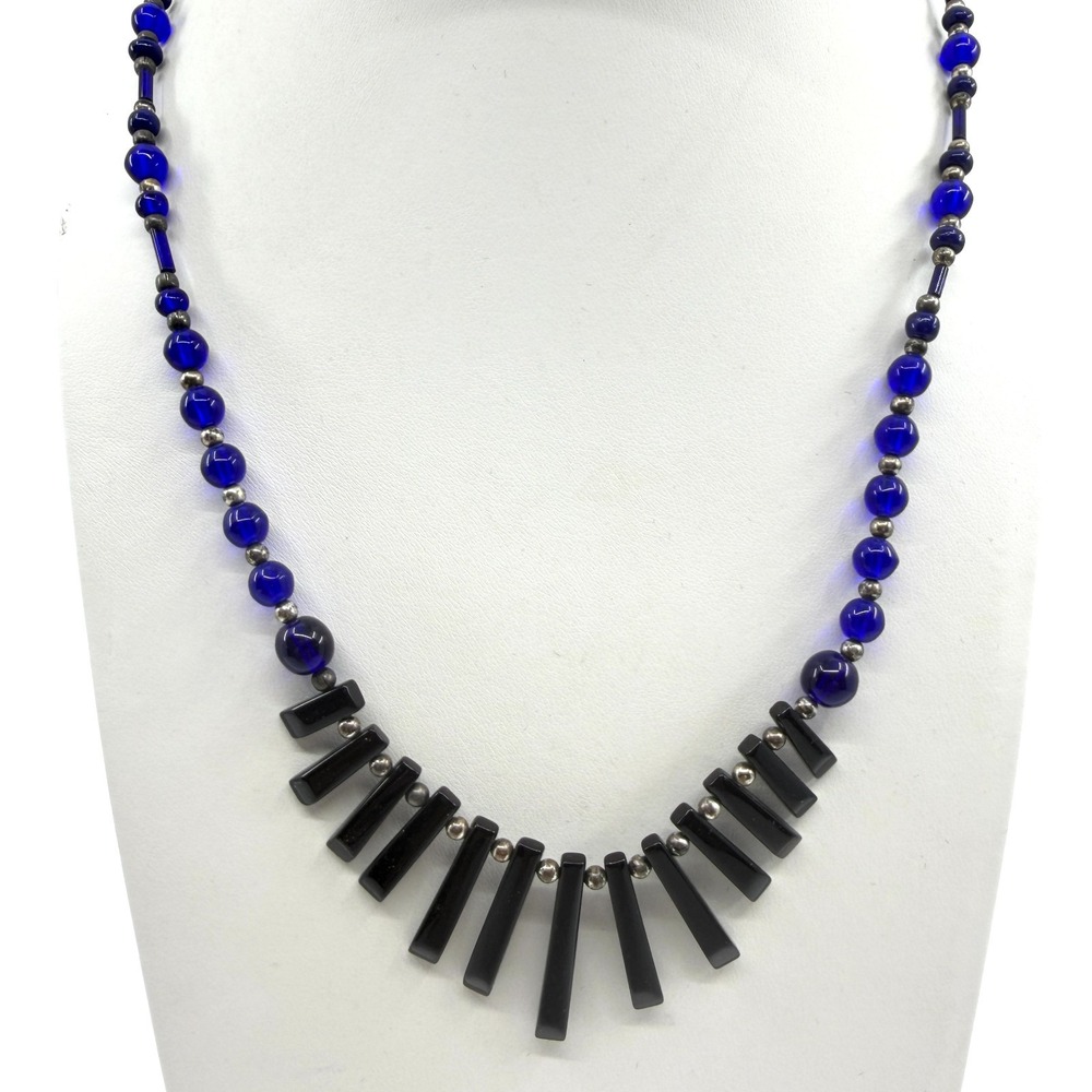 Y2K Blue Bead & Black Bar Statement Necklace - Silver Tone Boho Chic
